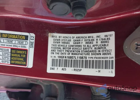 2007 Honda Civic Ex z USA, uszkodzony, nr VIN 1HGFA16807L119879